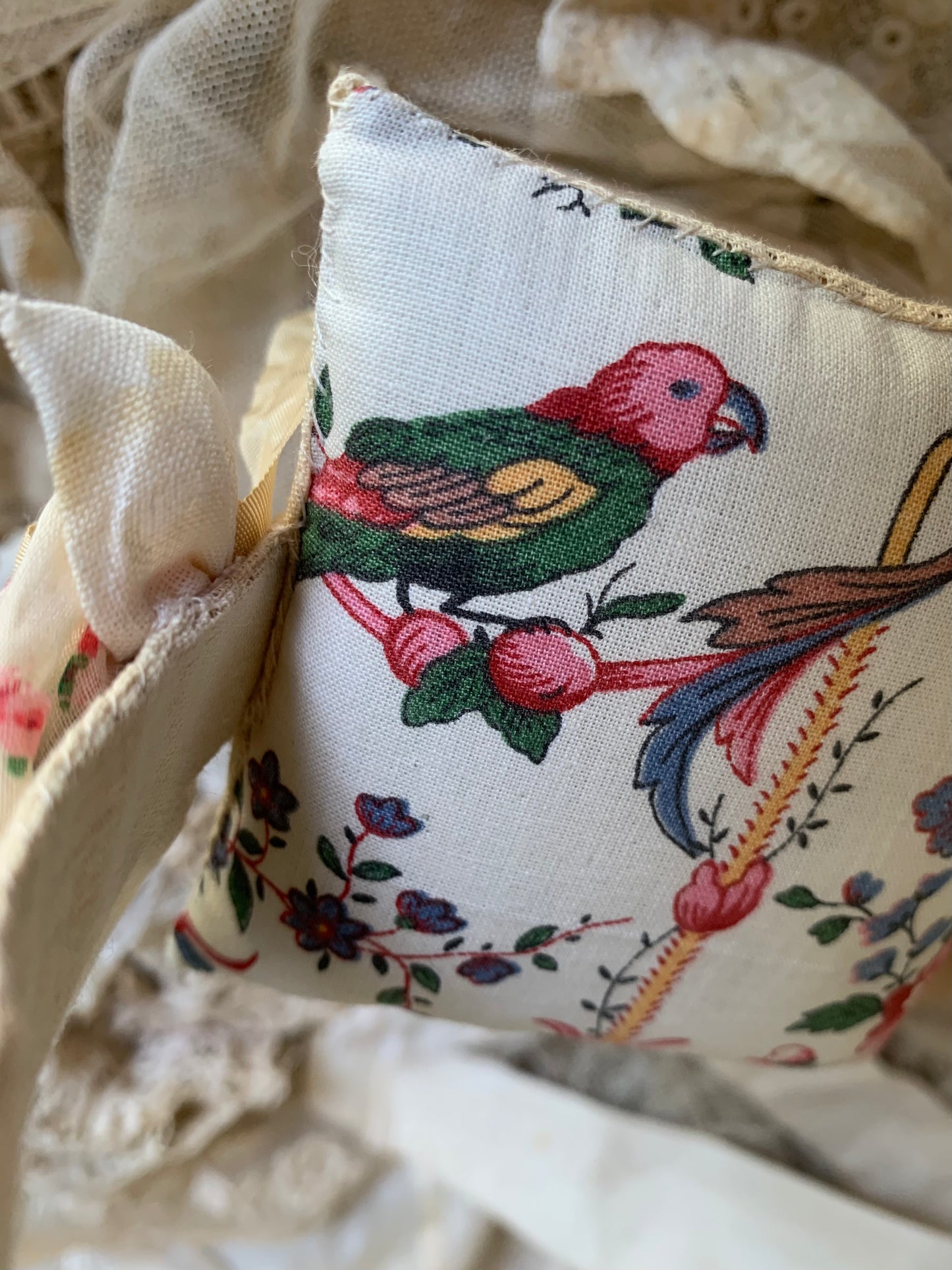 French Bird and Floral Basket Pincushion