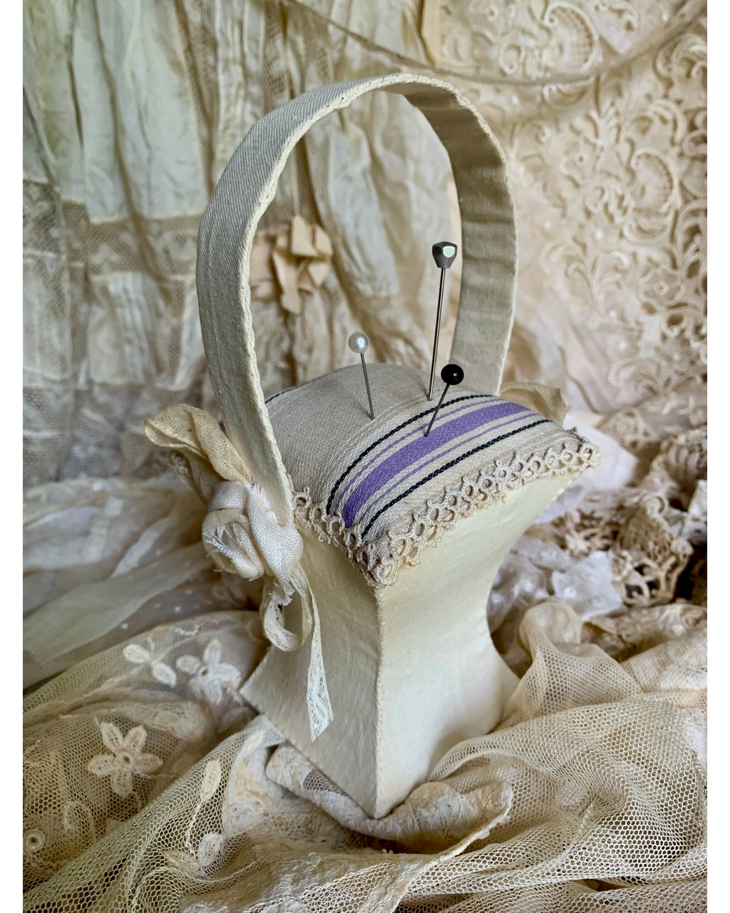 French Ticking Basket Pincushion