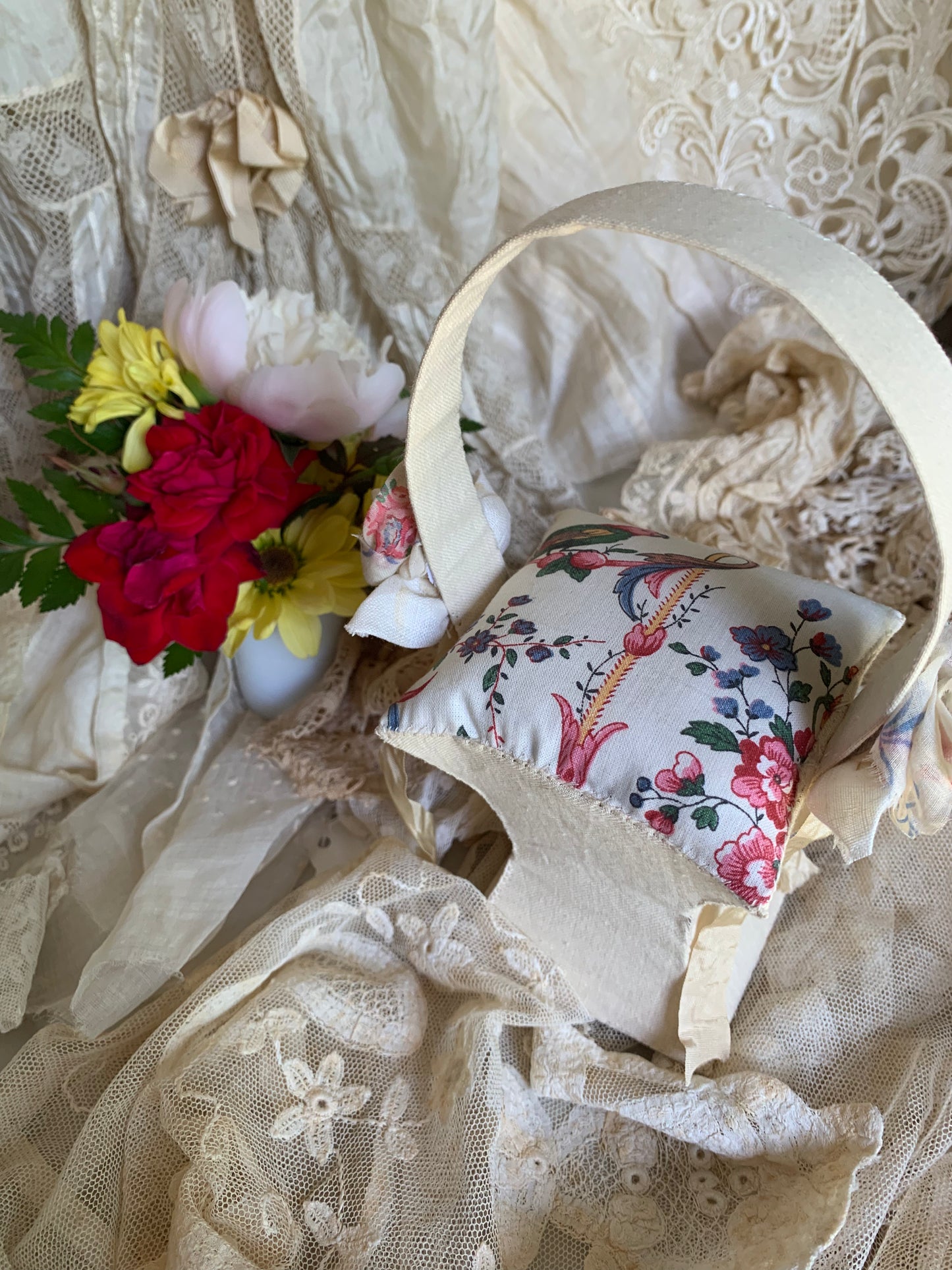 French Bird and Floral Basket Pincushion