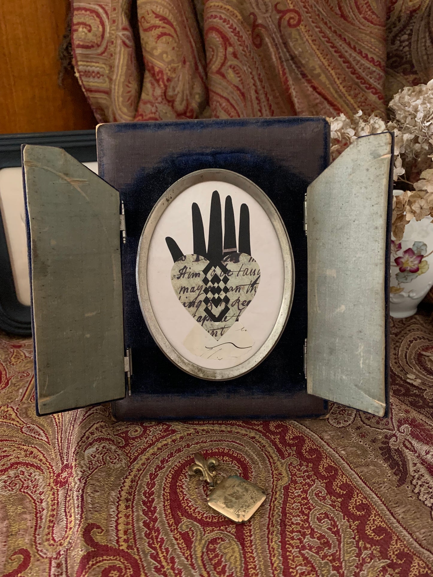 Heart in Hand Love Token - Antique Blue Velvet Frame