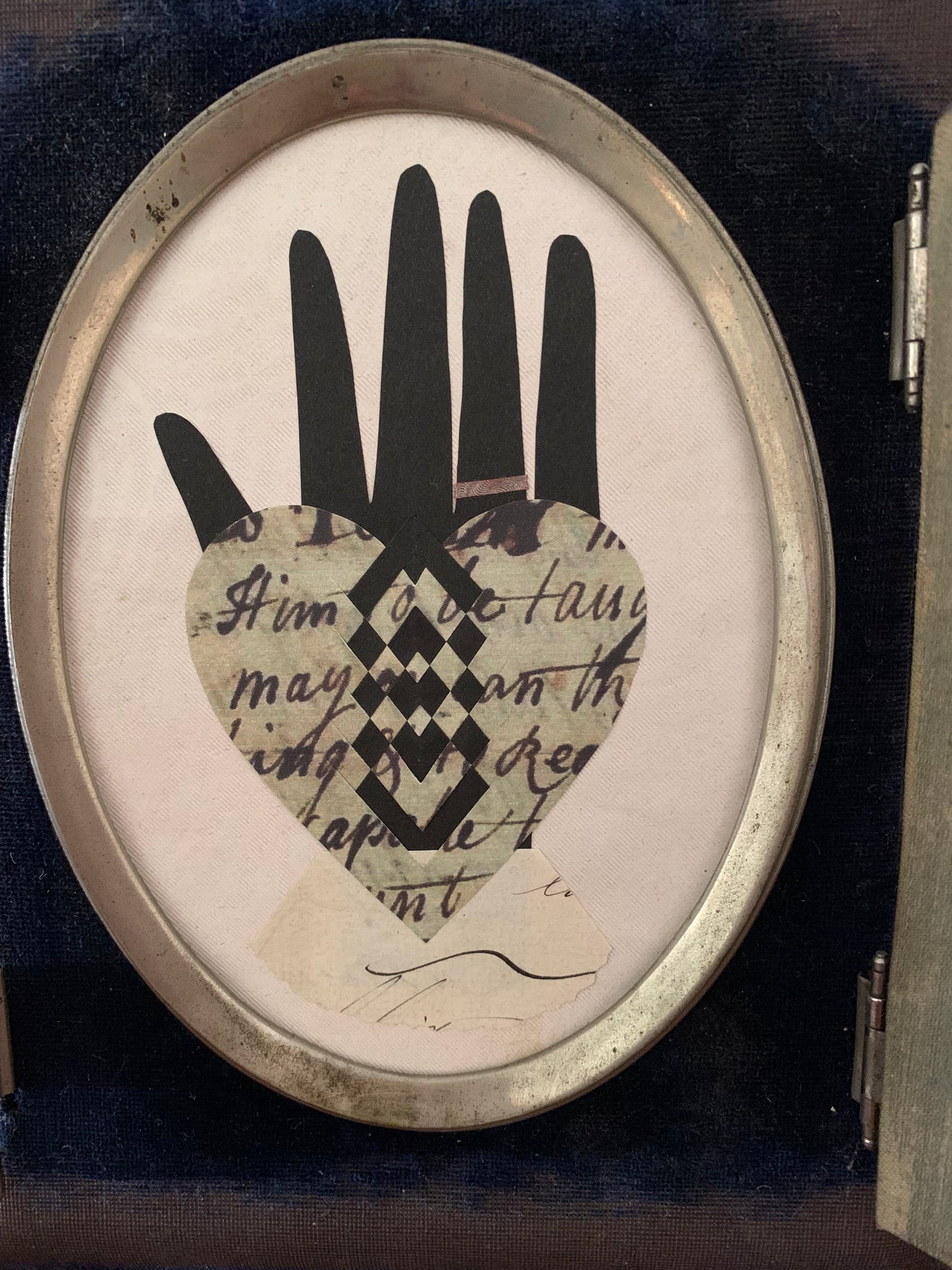 Heart in Hand Love Token - Antique Blue Velvet Frame