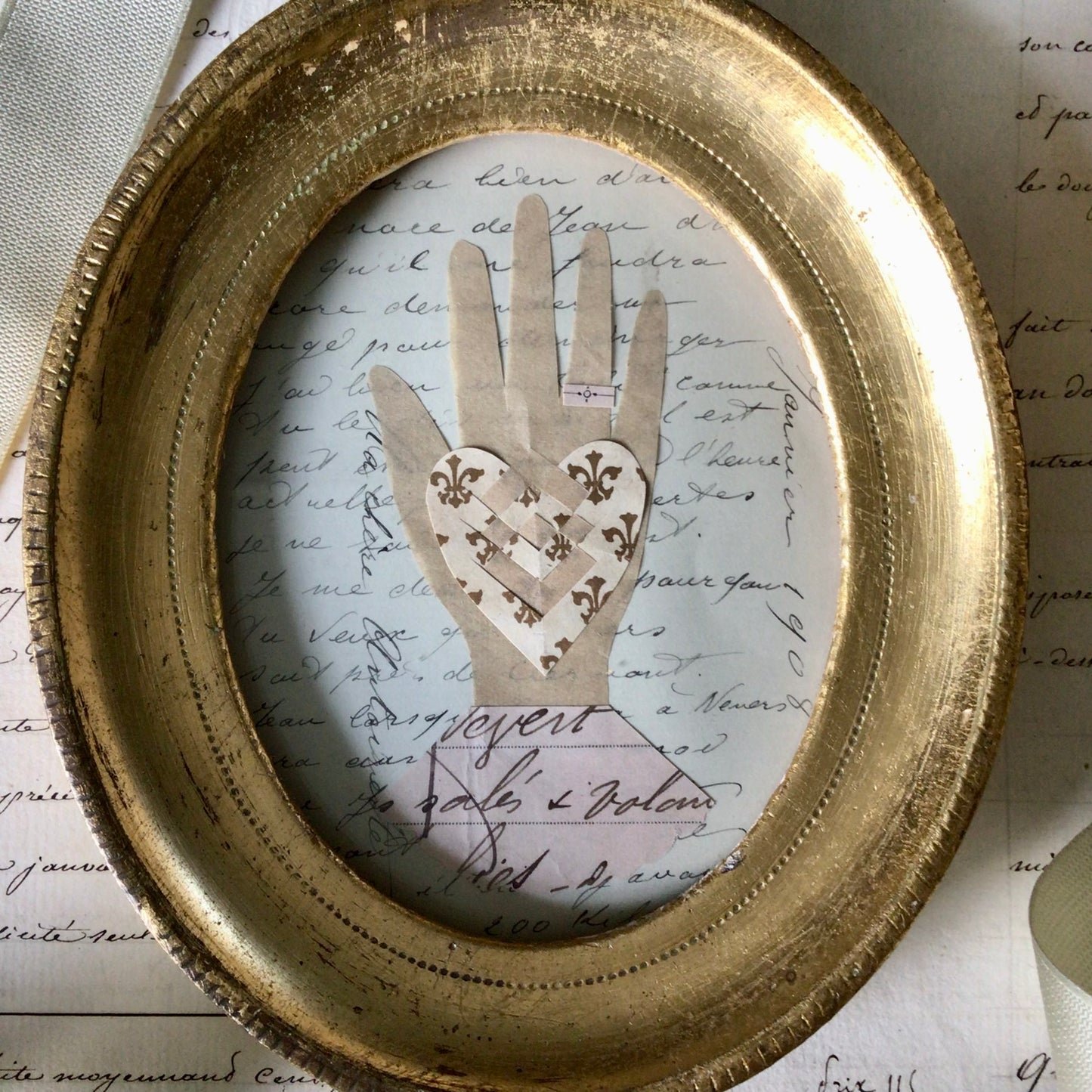 Heart in Hand Papercutting / Vintage Gilt Frame