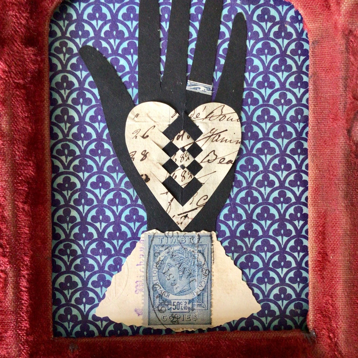 Heart in Hand Papercutting / Red Velvet Floral Frame