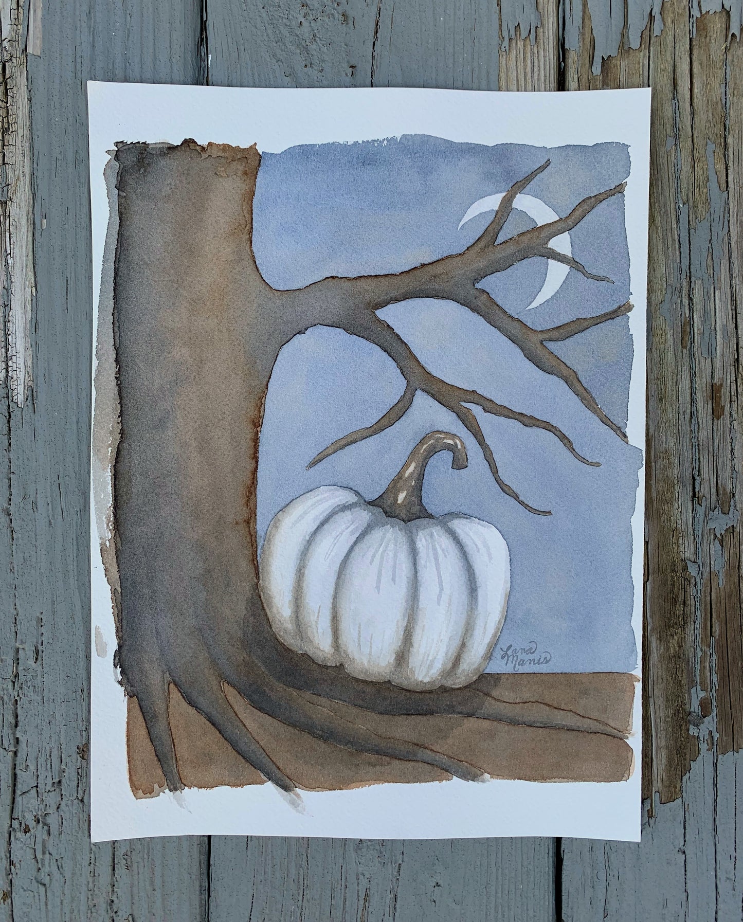 Under a Crescent Moon, Lumina Pumpkin Watercolor