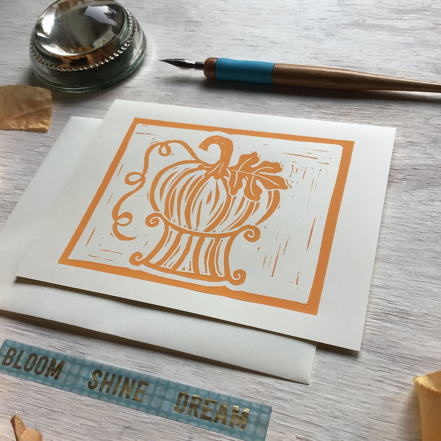 Orange PUMPKIN Block Print Card - set of 4