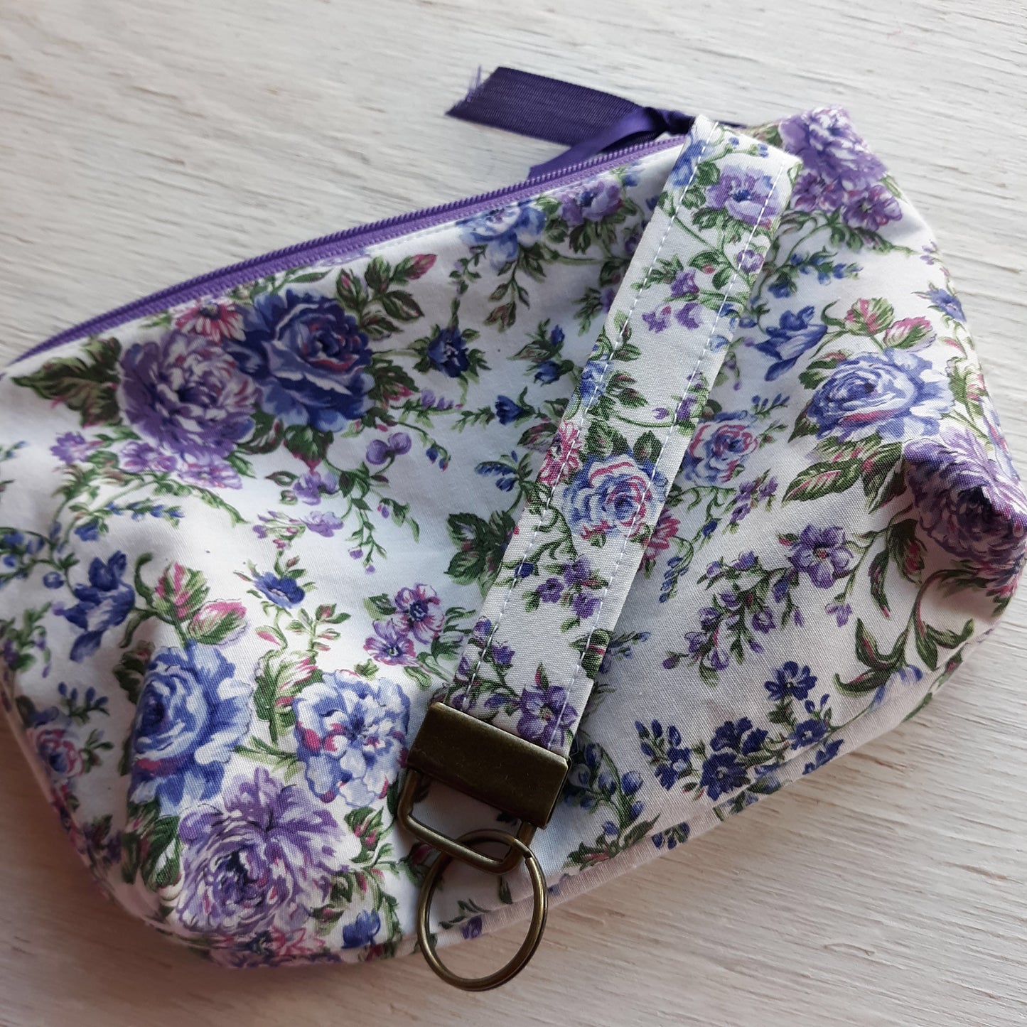 Purple Floral Zipper Pouch with optional Key Fob