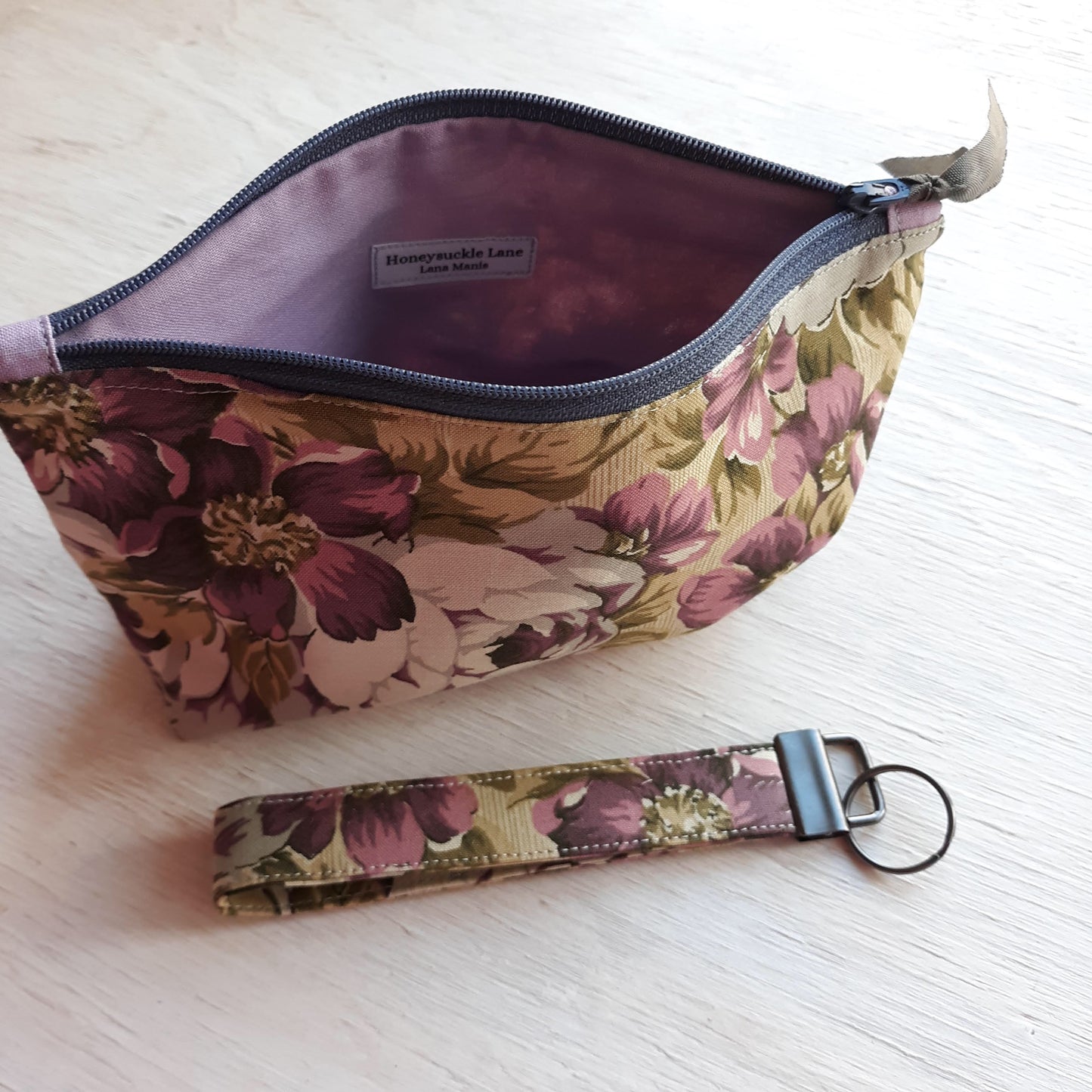 Purple and Taupe Floral Zipper Pouch with optional Key Fob