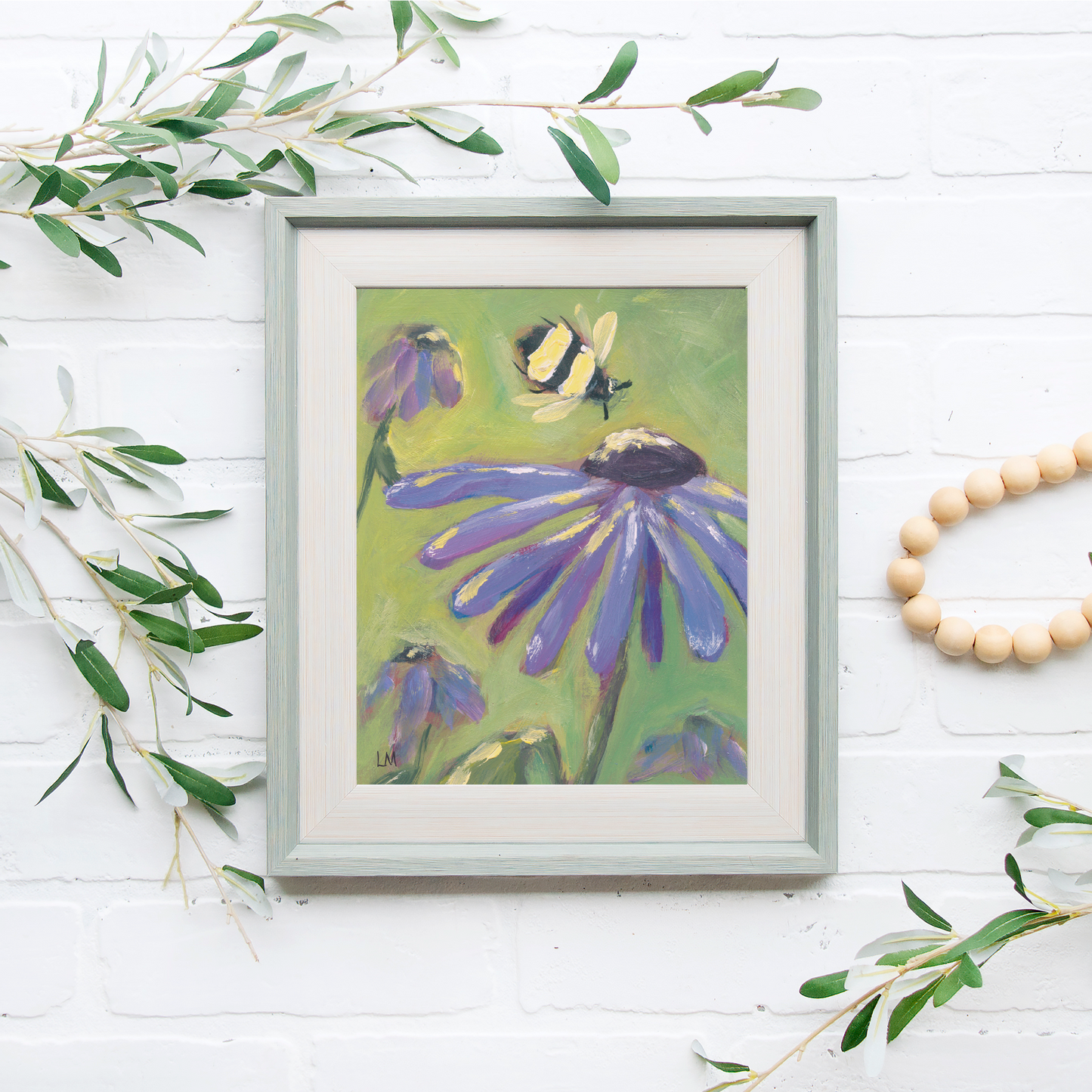 Coneflowers & Bumblebees Art Print