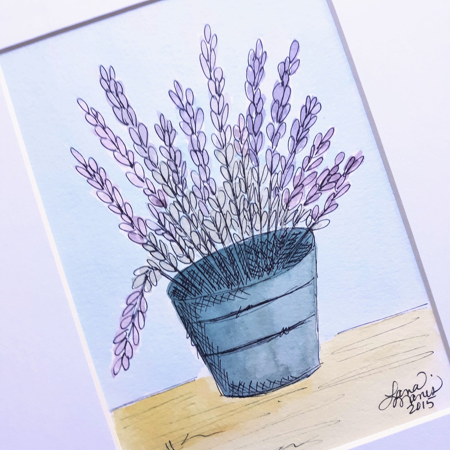 Lavender in Aqua Bucket Watercolor Painting