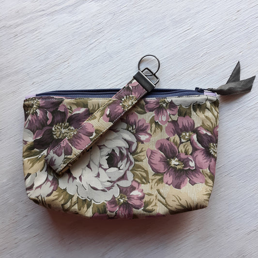 Purple and Taupe Floral Zipper Pouch with optional Key Fob