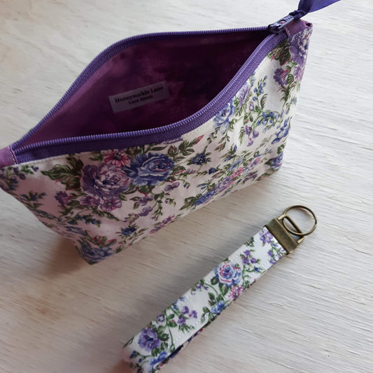 Purple Floral Zipper Pouch with optional Key Fob