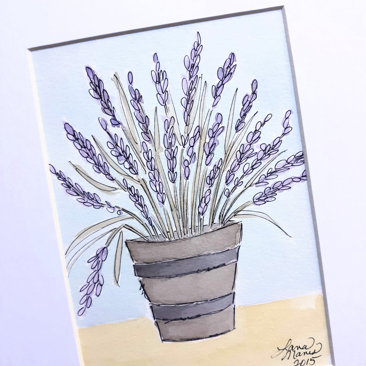 Lavender in Wooden Bucket Watercolor Painting