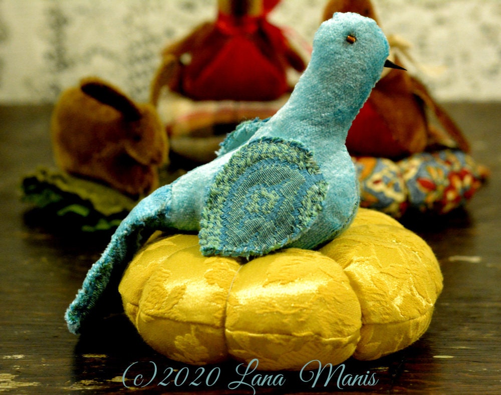 Velvet Blue Bird on Brocade Cushion