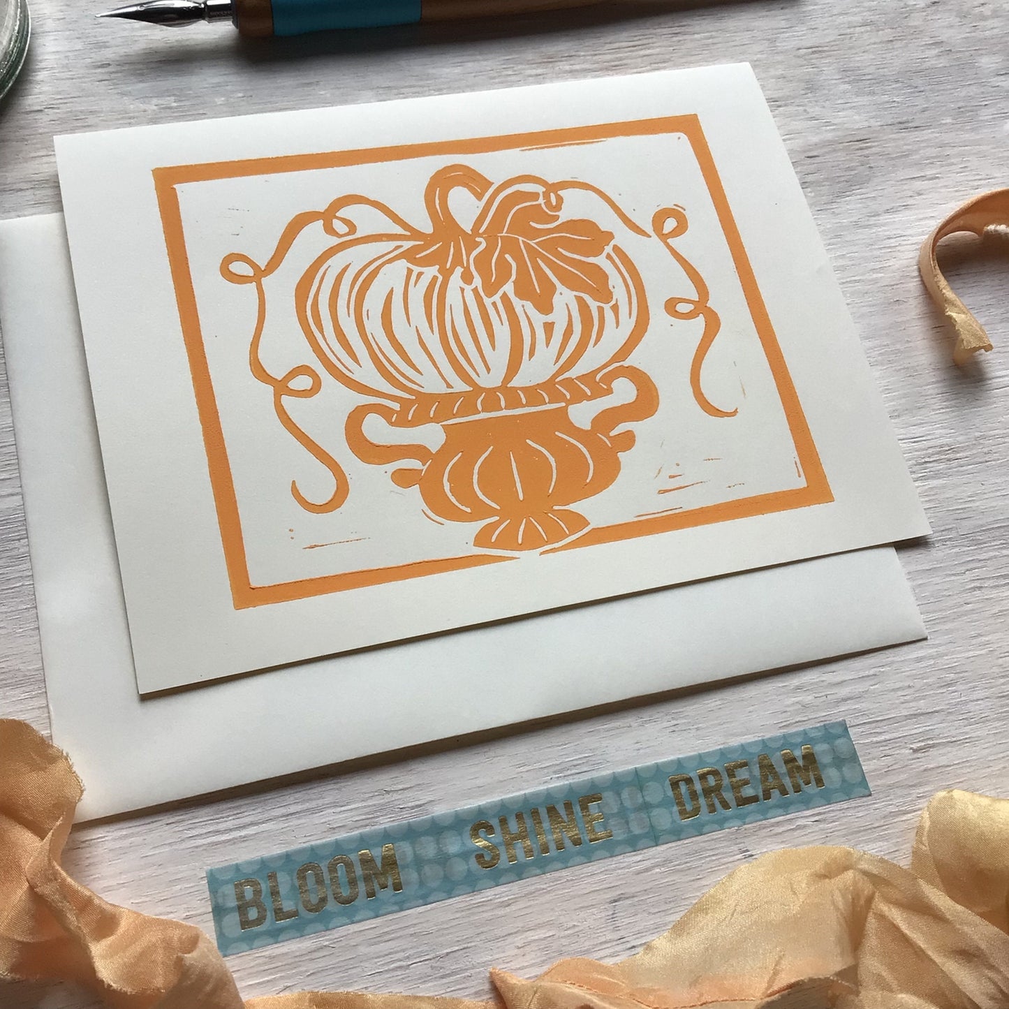 Orange PUMPKIN Block Print Card - set of 4