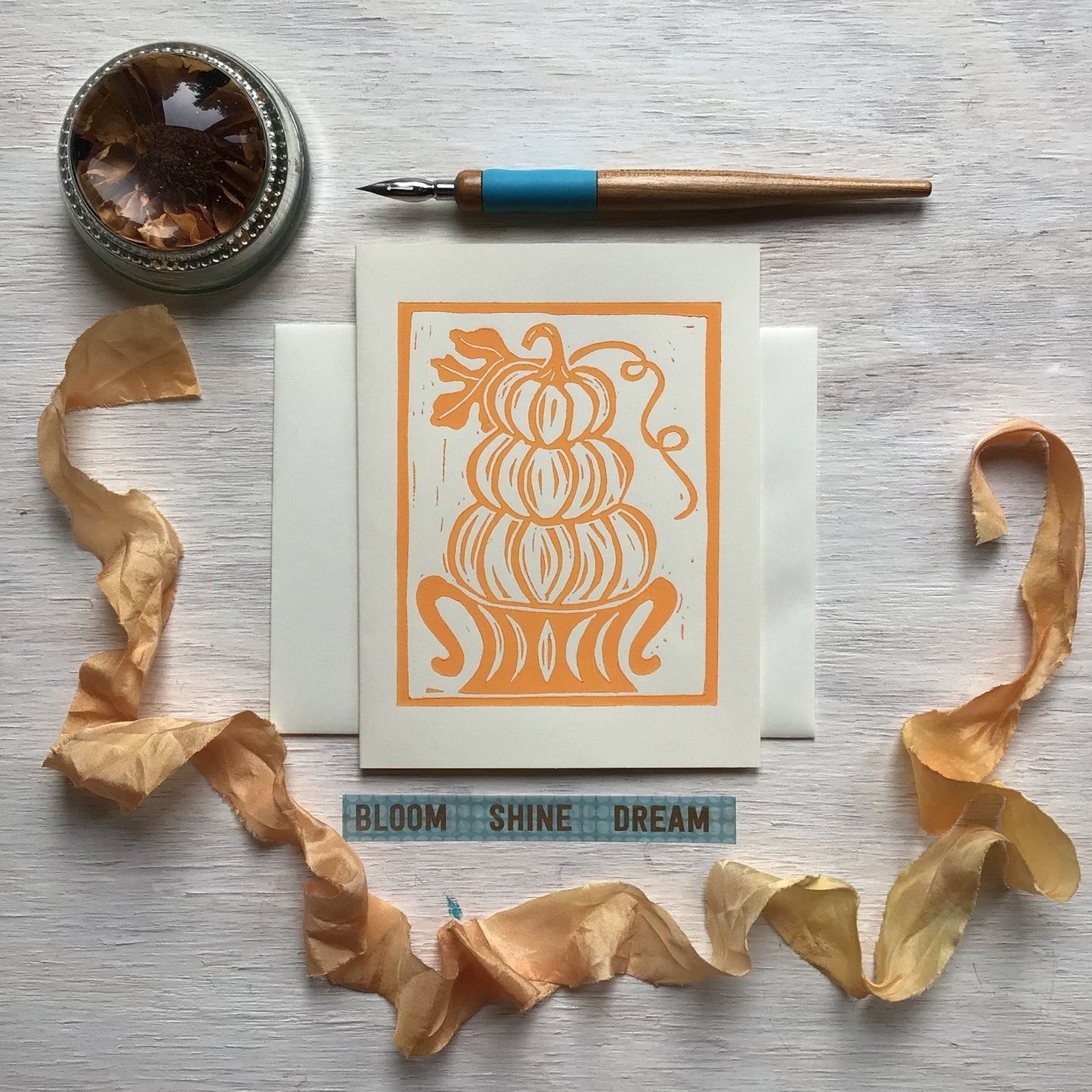 Orange PUMPKIN Block Print Card - set of 4